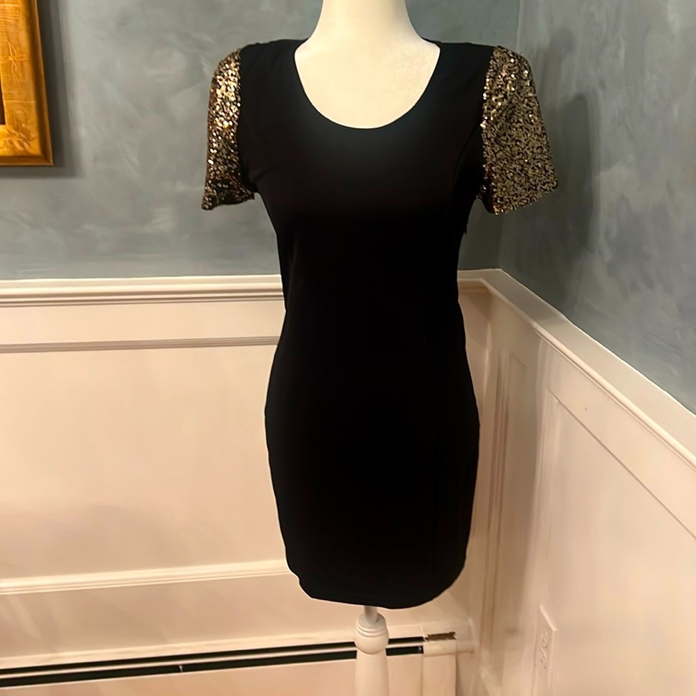 Moon Collection black cocktail dress with sequined sleeves in size small.